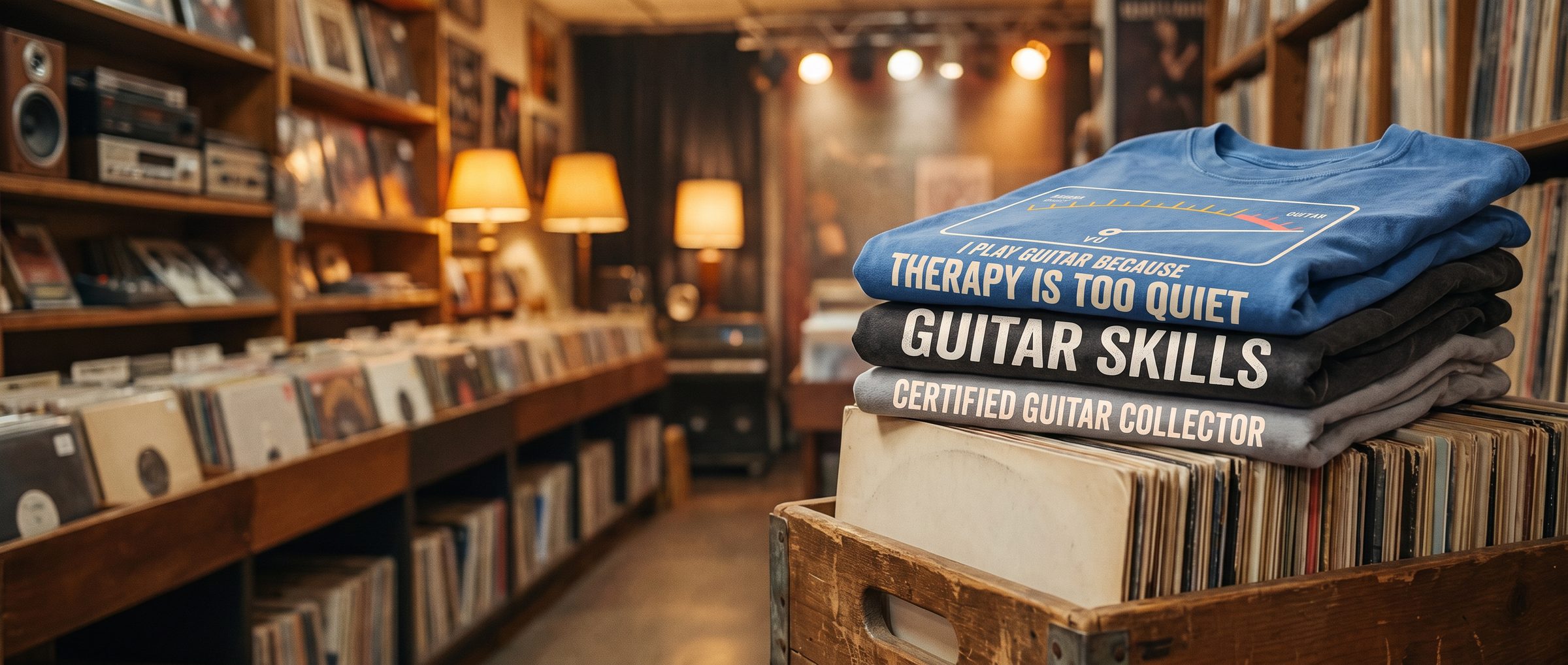 Stack of Fret Folk guitar tees on a crate of vinyl records in a vintage record store