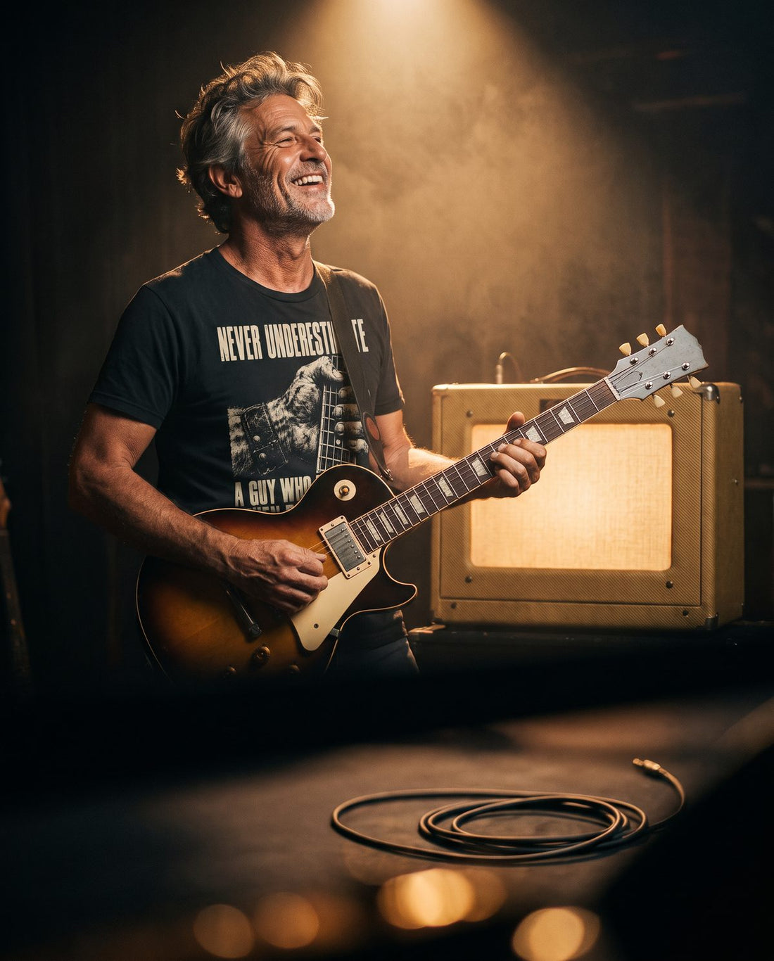 Grey-haired guitarist playing a sunburst electric guitar on a small bar stage, wearing the Rock Was Real tee