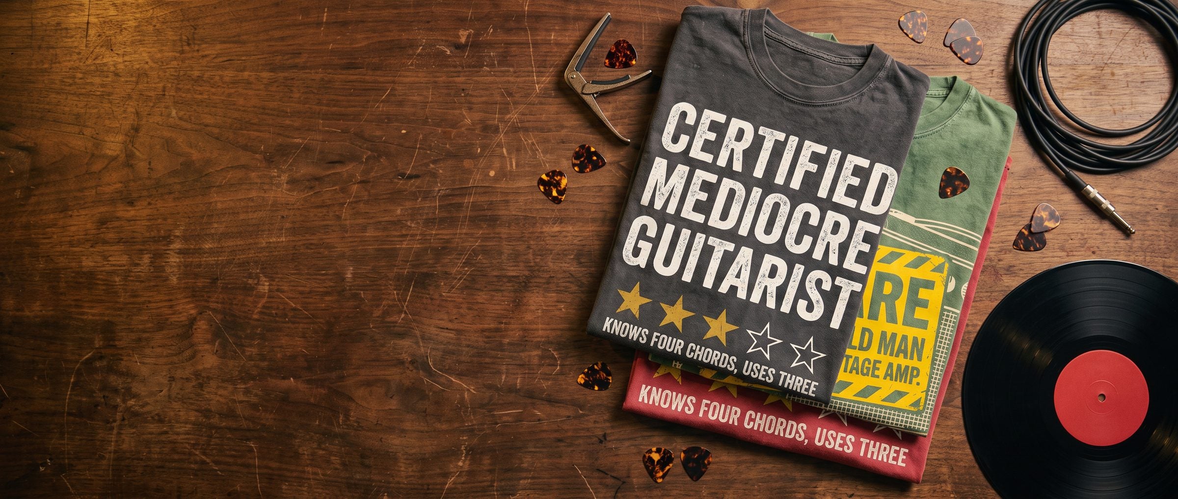 Certified Mediocre Guitarist tees in Pepper and Crimson stacked on a walnut workbench with picks, a capo and a vinyl record