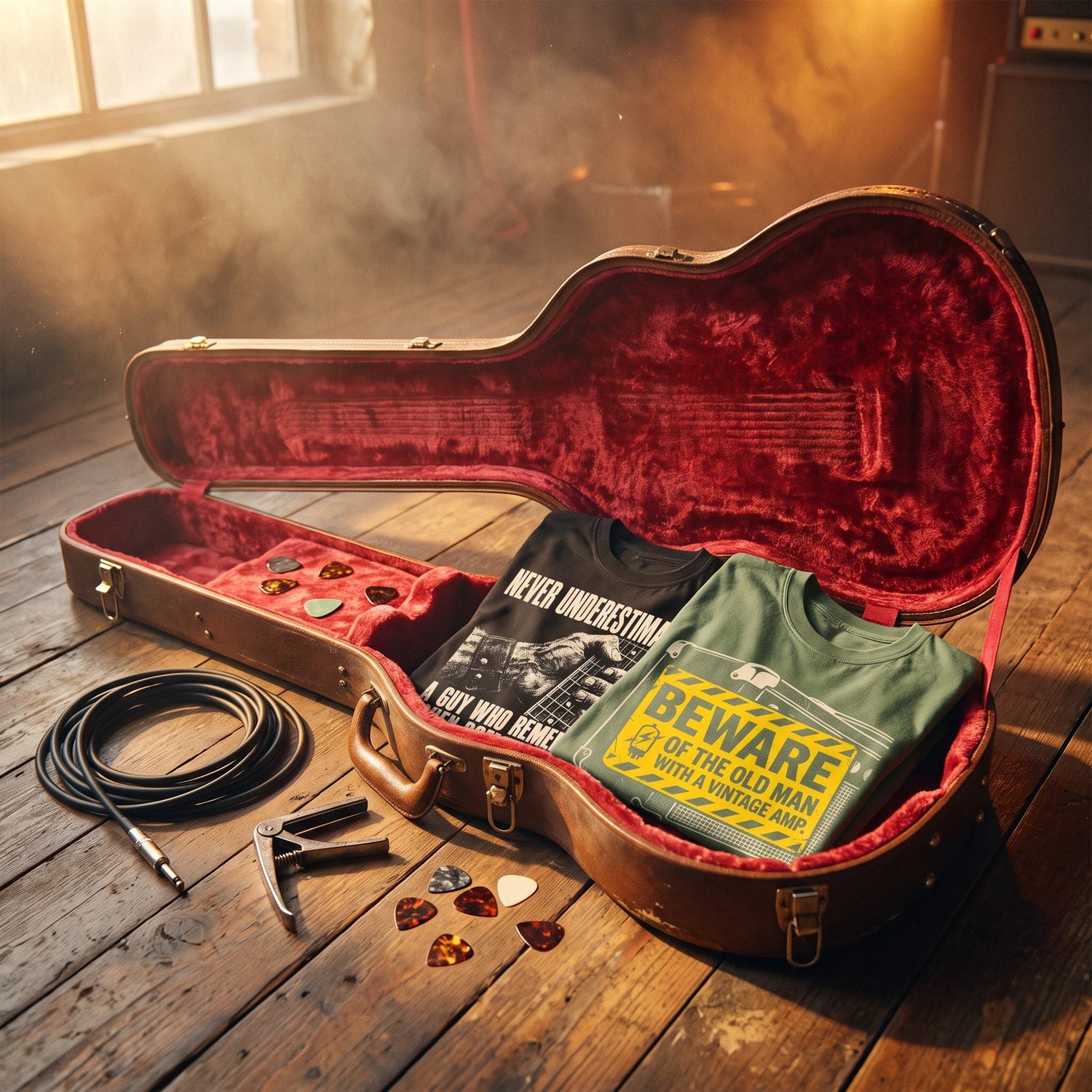Vintage guitar case lined with red velvet holding the Rock Was Real and Vintage Amp tees, a cable and picks