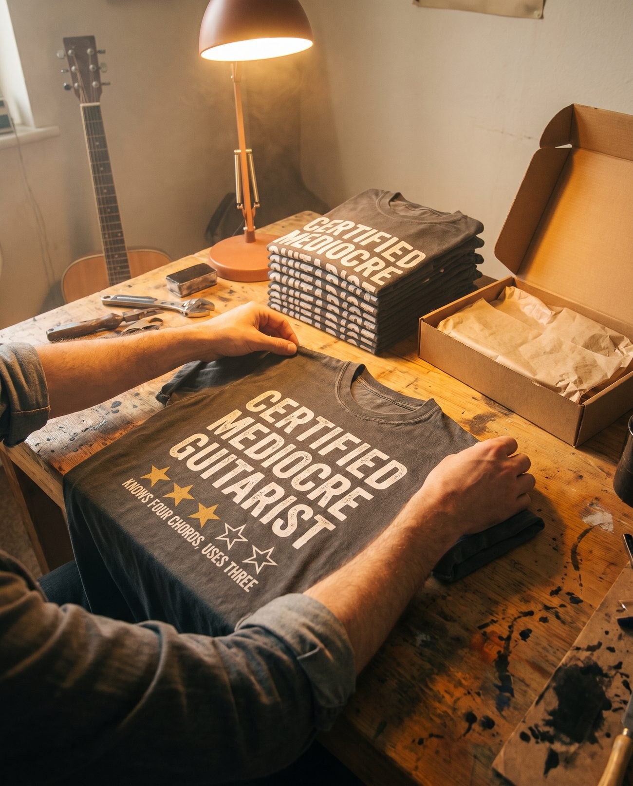 Hands smoothing a freshly printed Certified Mediocre Guitarist tee on a workbench, checking the print before it ships